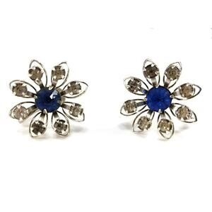 Vintage 1940s B.N. Blue Rhinestone Flower Screw Back Earrings